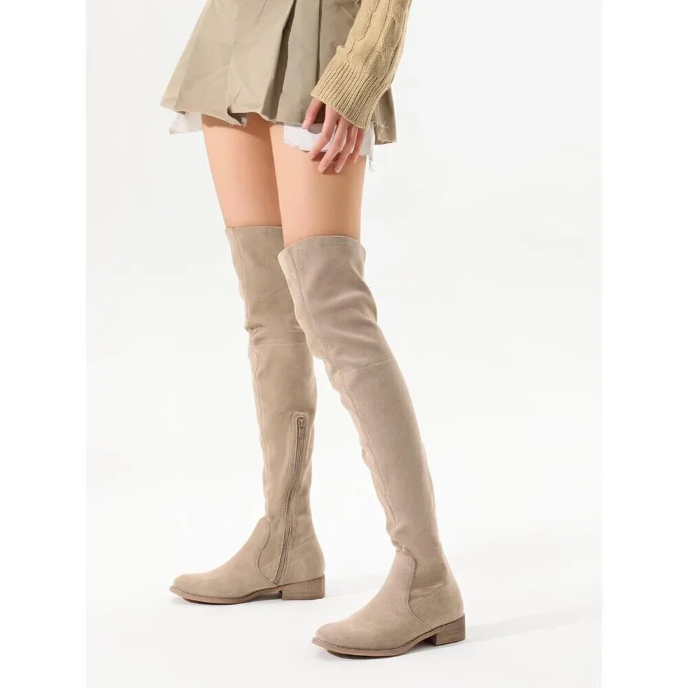 Women Khaki Faux Suede Over The Knee Thigh High Low Block Heel Pointed Toe Boot